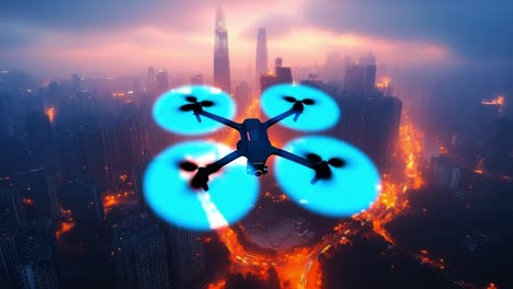 drone flying over a city at twilight. a drone hovers above a vibrant cityscape during twilight as city lights illuminate the surroundings.