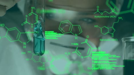 animación de procesamiento de datos y fórmula química sobre una científica caucásica