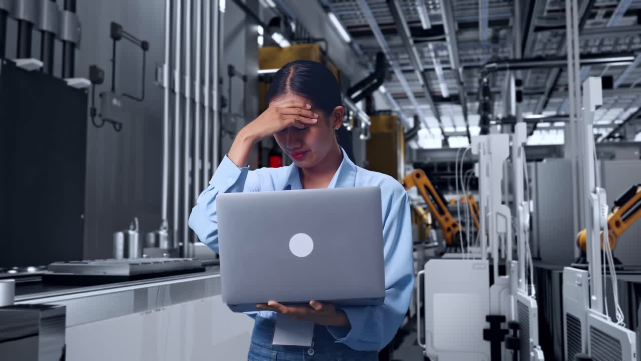 Asian Female With Her Laptop, Automated Battery Production Line in a Modern Factory, She Is Nodding Her Shead With Dissapionted