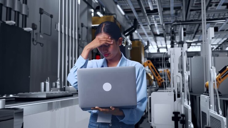 Asian Female With Her Laptop, Automated Battery Production Line in a Modern Factory, She Is Nodding Her Shead With Dissapionted
