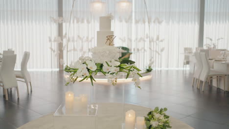 luxurious wedding reception setup with elegant floral centerpiece and towering cake