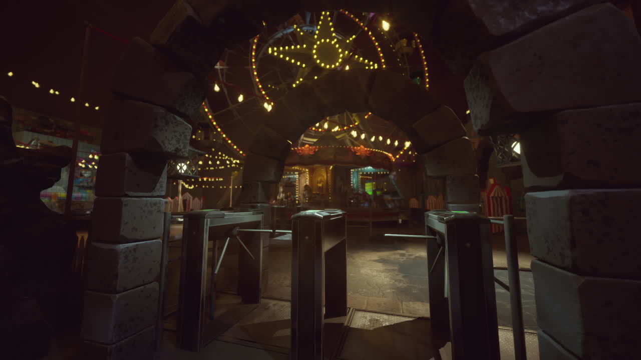 빛나는 놀이와 조용한 분위기가 있는 밤에  빈 놀이공원