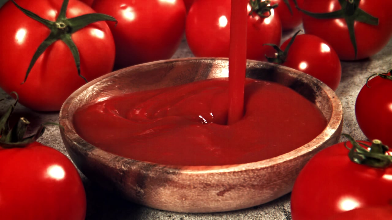 Rote Tomatensauce in Zeitlupe in eine Holzschale mit frischen Tomaten gießen