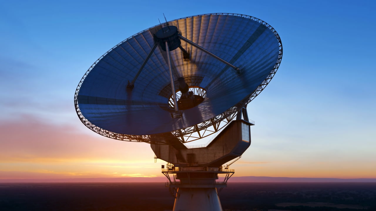 Large Parabolic Antenna At Sunset, Silhouetted Against Vibrant Dusk Sky, Ground Station Dish Rotating