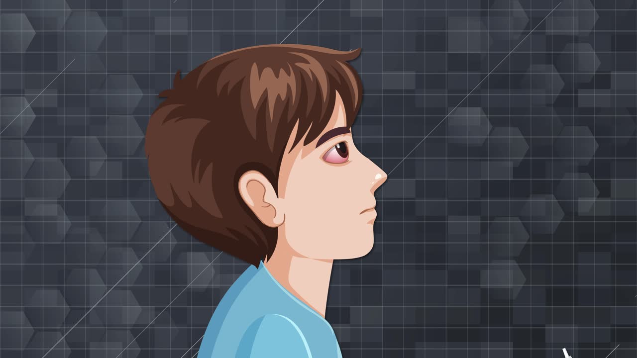 Animated boy with conjunctivitis applies eye drops, side view, digital illustration, neutral background