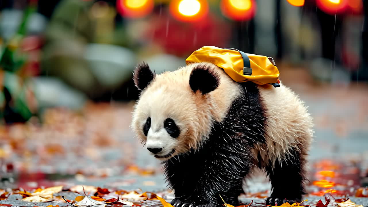 Panda in autumn rain leaves. A young panda explores a rainy street covered in autumn leaves, wearing a small yellow backpack