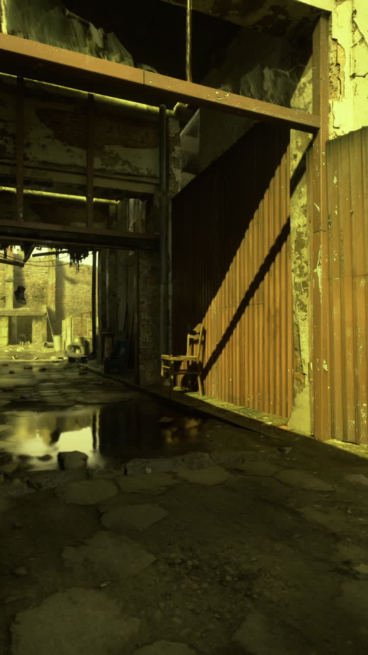 Dusty alleyway with rusted doors at abandoned industrial site