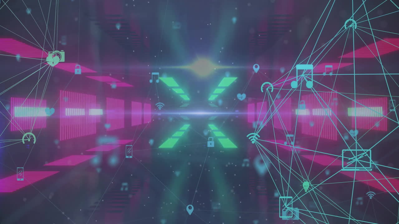 Animation of globe with connections and icons over neon pattern background