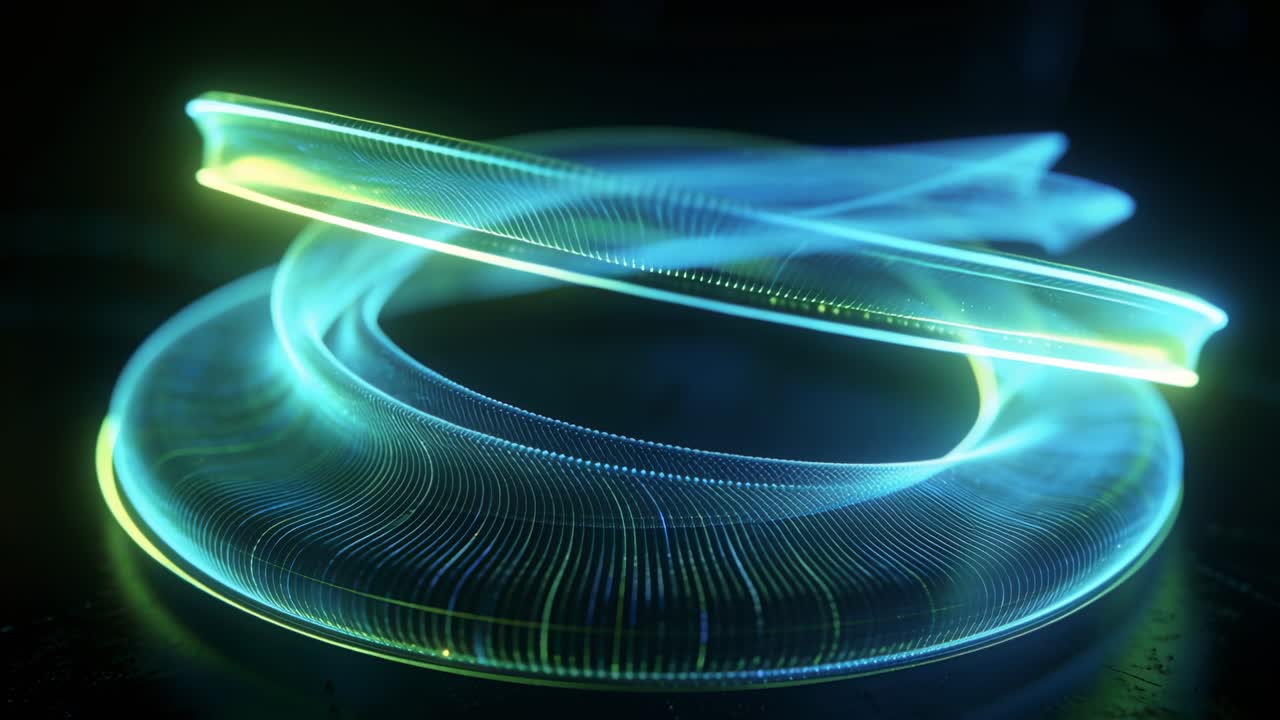 Animating central luminous torus reshaping above dark glossy base, with twisting ribbon and points