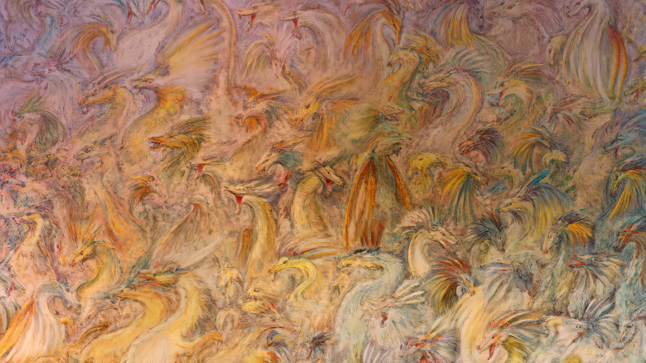 Ornate Mural Featuring Swirling Birds and Mythical Figures