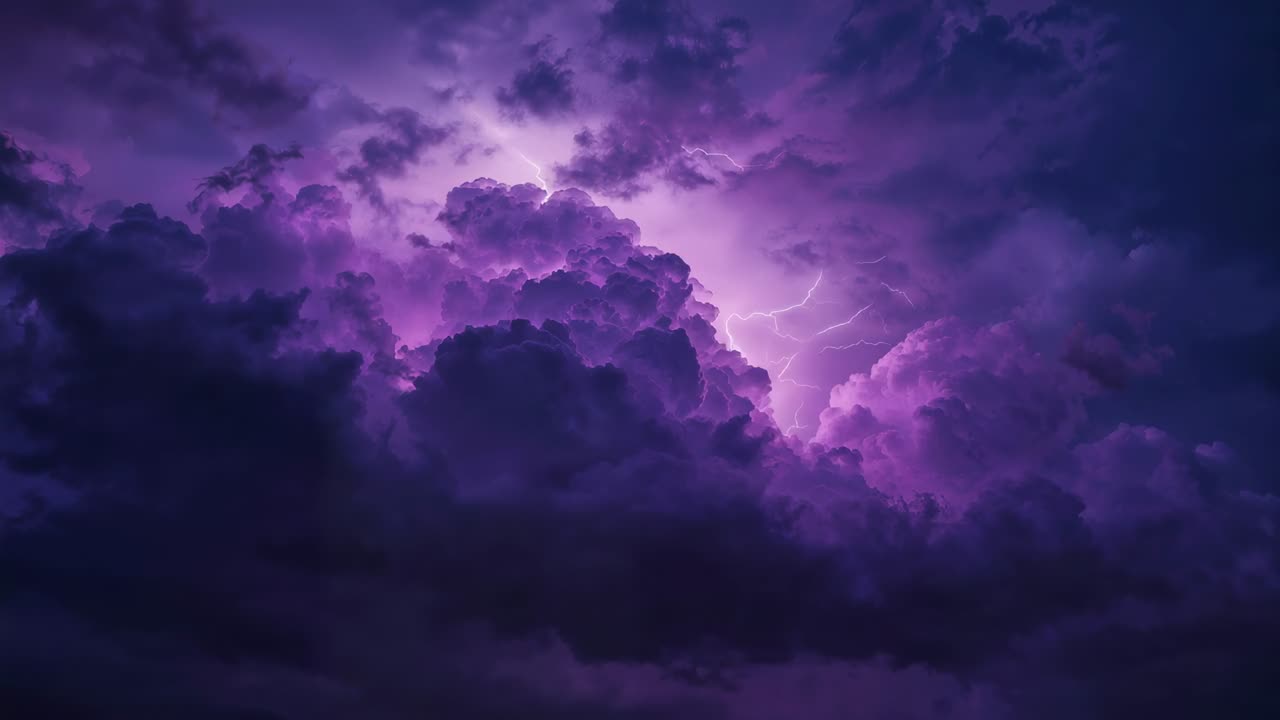 Pulsing purple-lit cumuliform storm cloud swelling emitting lightning at dusk from glowing core