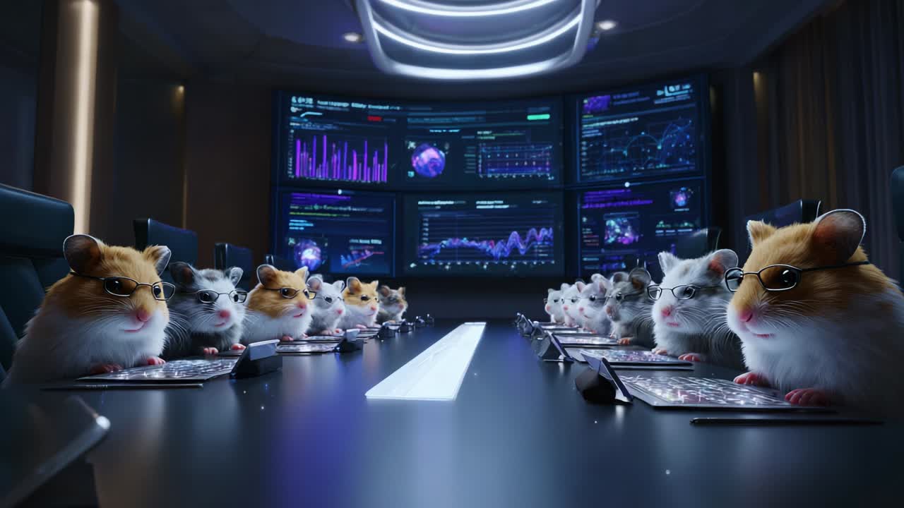 In una sala riunioni futuristica, un gruppo di criceti con gli occhiali partecipa a una riunione seria mentre esamina i dati visualizzati su diversi schermi, mettendo in mostra le proprie capacità analitiche e la professionalità con un tocco umoristico