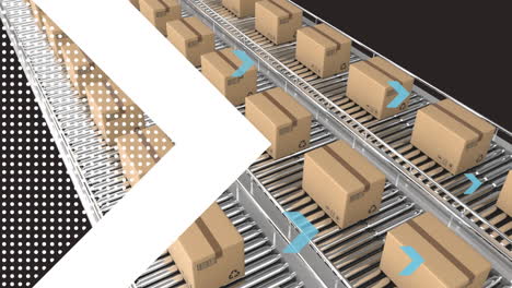 parcels in shipping centre with white and blue arrows