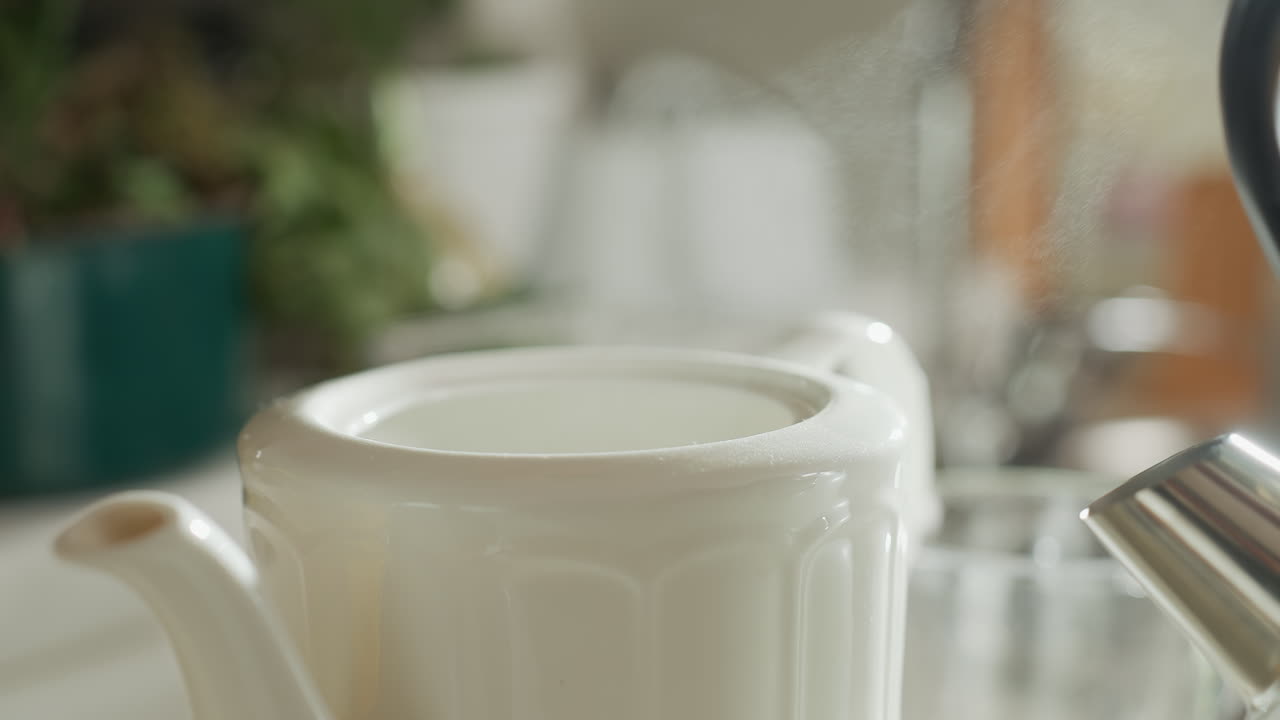 Close up of hot steam rising from white ceramic mug with kettle placed nearby on kitchen counter, capturing warmth and freshness of tea preparation in calm natural setting and blur background