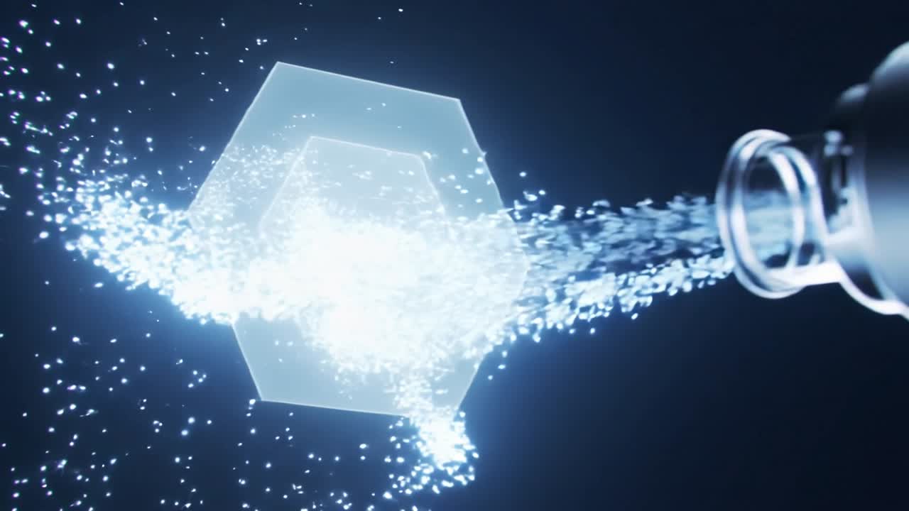 Emitting metal nozzle with glass tip releasing blue spray, forming translucent hexagon in studio