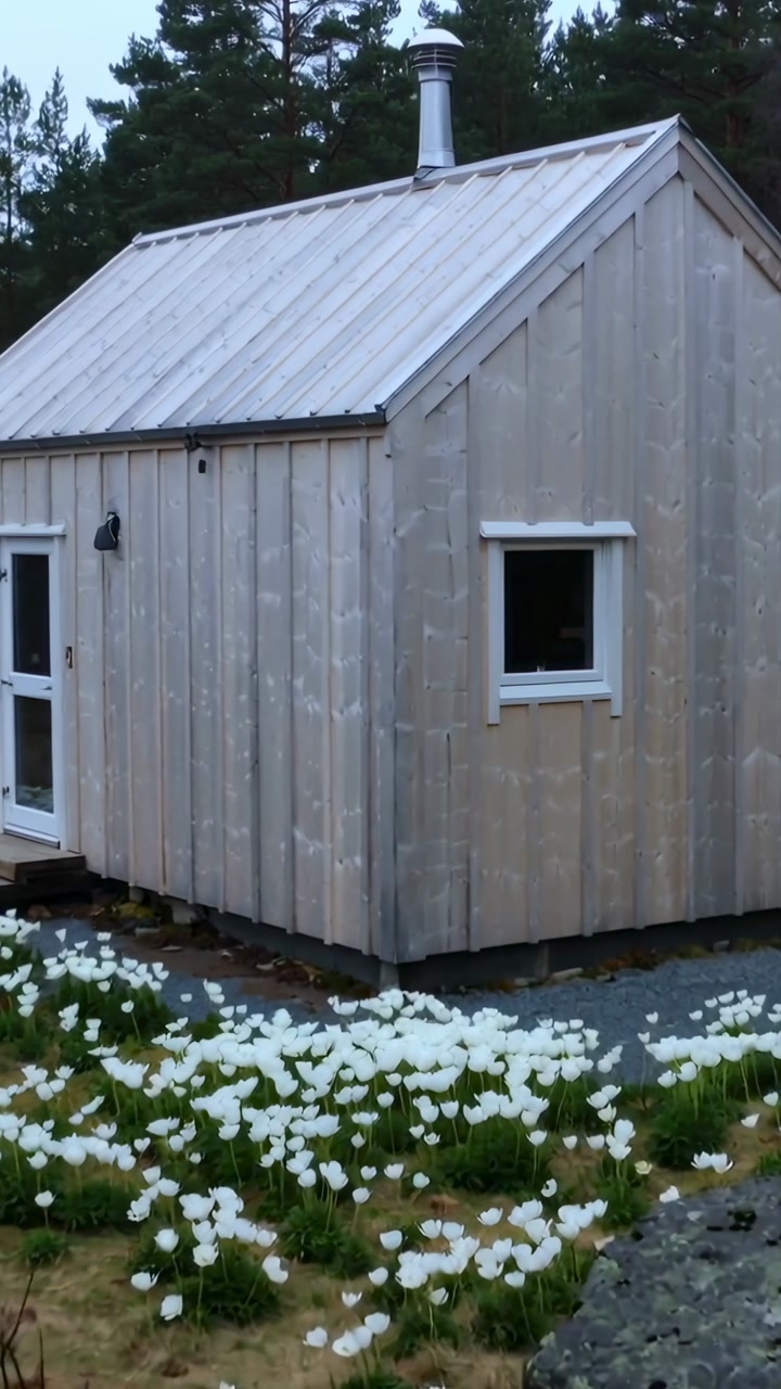 Vertical video: Shot starting, handheld camera sliding across wooden cabin in pine woods, flowers