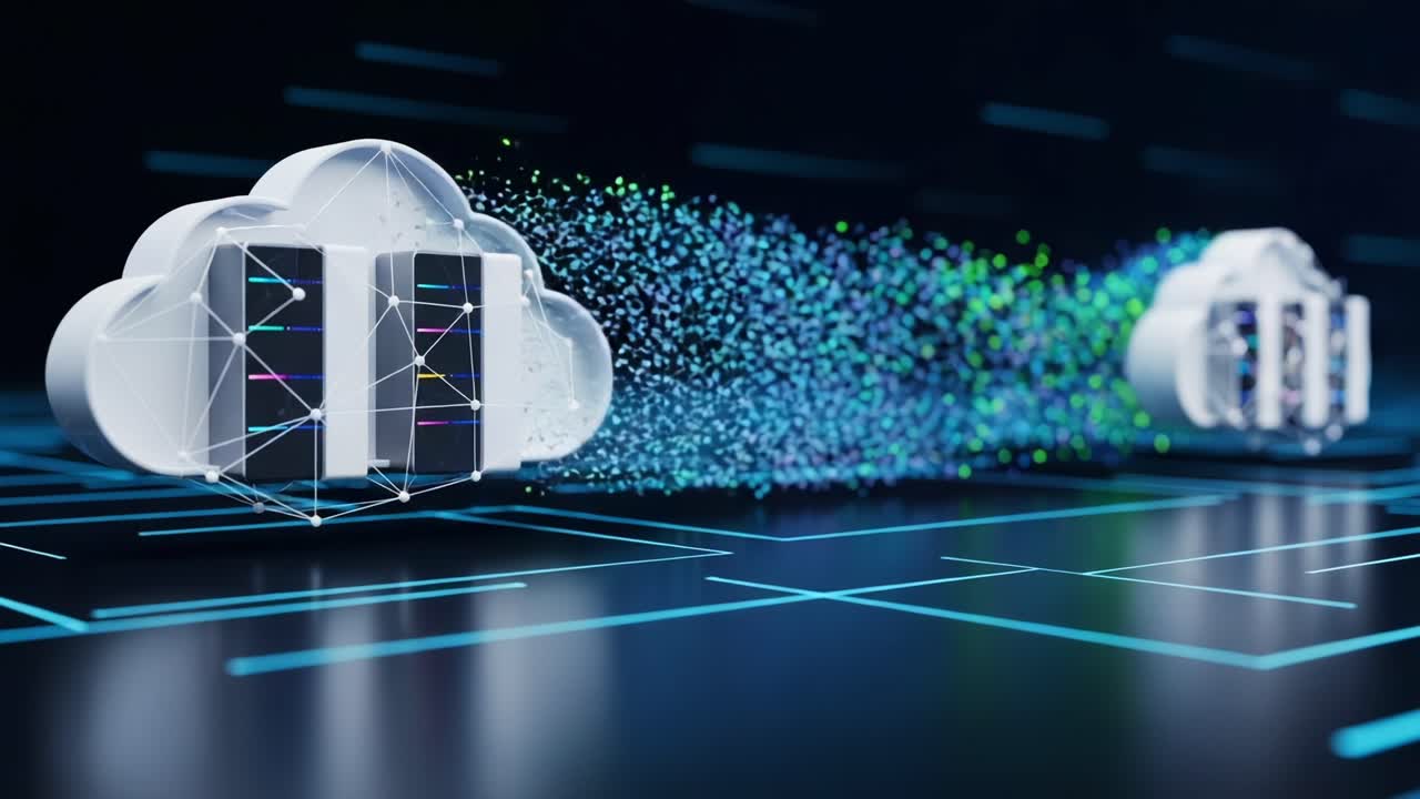 Dynamic Data Transfer Between Cloud Storage Systems Visualized Through Digital Graphics and Colorful Data Streams Representing Fast Connectivity and Modern Technology