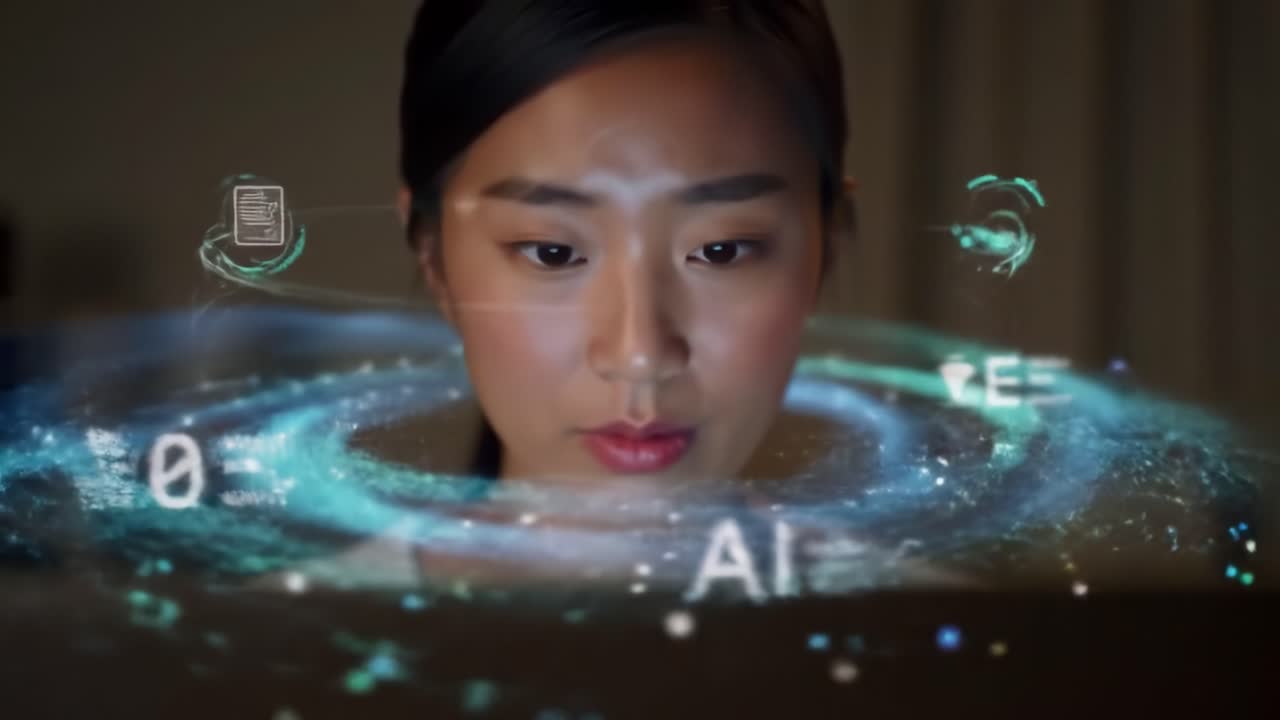 A Focused Individual Engages with Futuristic Holographic Interface Displaying Dynamic Data and Visuals, Highlighting Advanced Technological Interaction