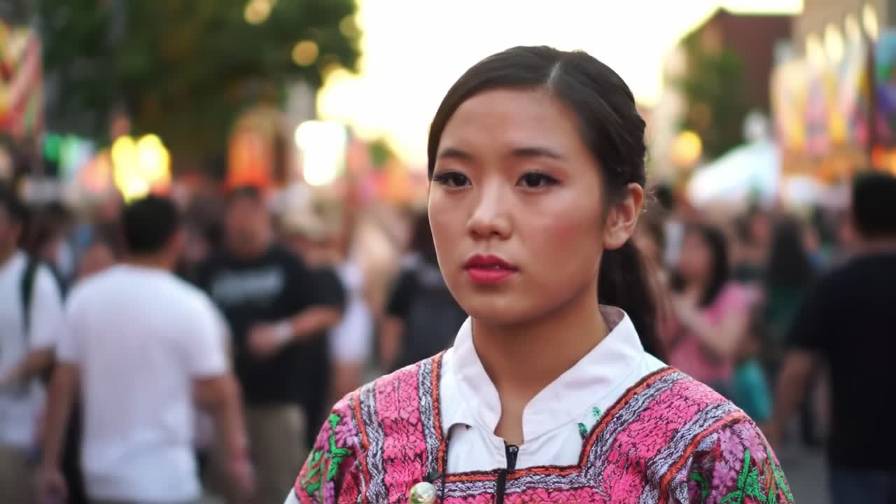 A young woman in vibrant traditional clothing stands out amidst a bustling crowd at a cultural festival. The event highlights community heritage and local customs in a vibrant atmosphere.