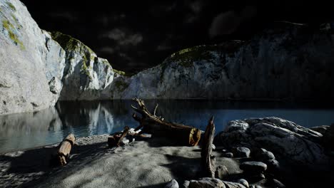 fjord with dark storm clouds