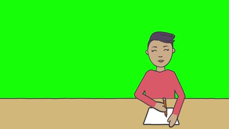 Animation-of-illustration-of-schoolboy-sitting-at-desk-and-writing-on-green-screen-background