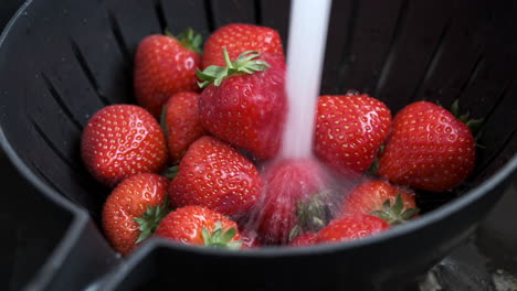 fresas rojas frescas y maduras que se lavan y se rocían con azúcar en un ambiente de cocina