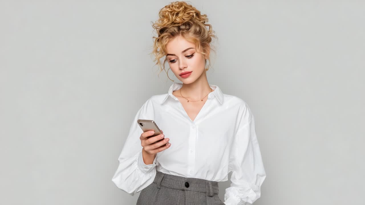 Una giovane donna elegante con capelli ricci, camicetta bianca e pantaloni grigi interagisce con il suo smartphone, mettendo in mostra la comunicazione digitale moderna e le tendenze della moda in un ambiente minimalista.