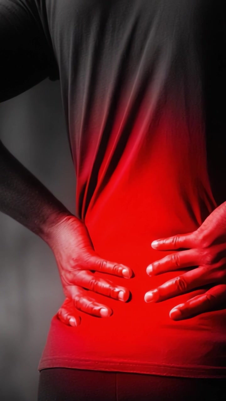 Experiencing Lower Back Pain: A Visible Representation of Discomfort and Strain in the Lumbar Region, Highlighting the Importance of Proper Posture and Care