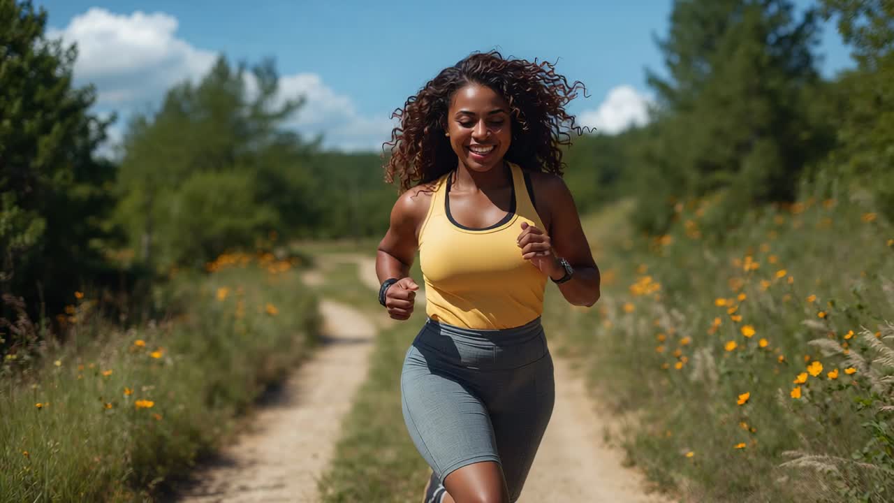 Corridore che si avvicina all'obiettivo su un sentiero sterrato in un prato fiorito, indossa una canotta gialla e uno smartwatch