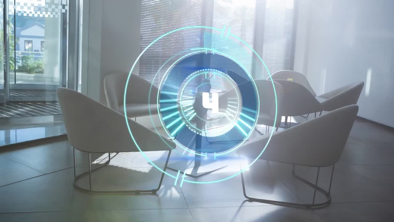 Animation of changing numbers in loading circles over unoccupied chairs at office