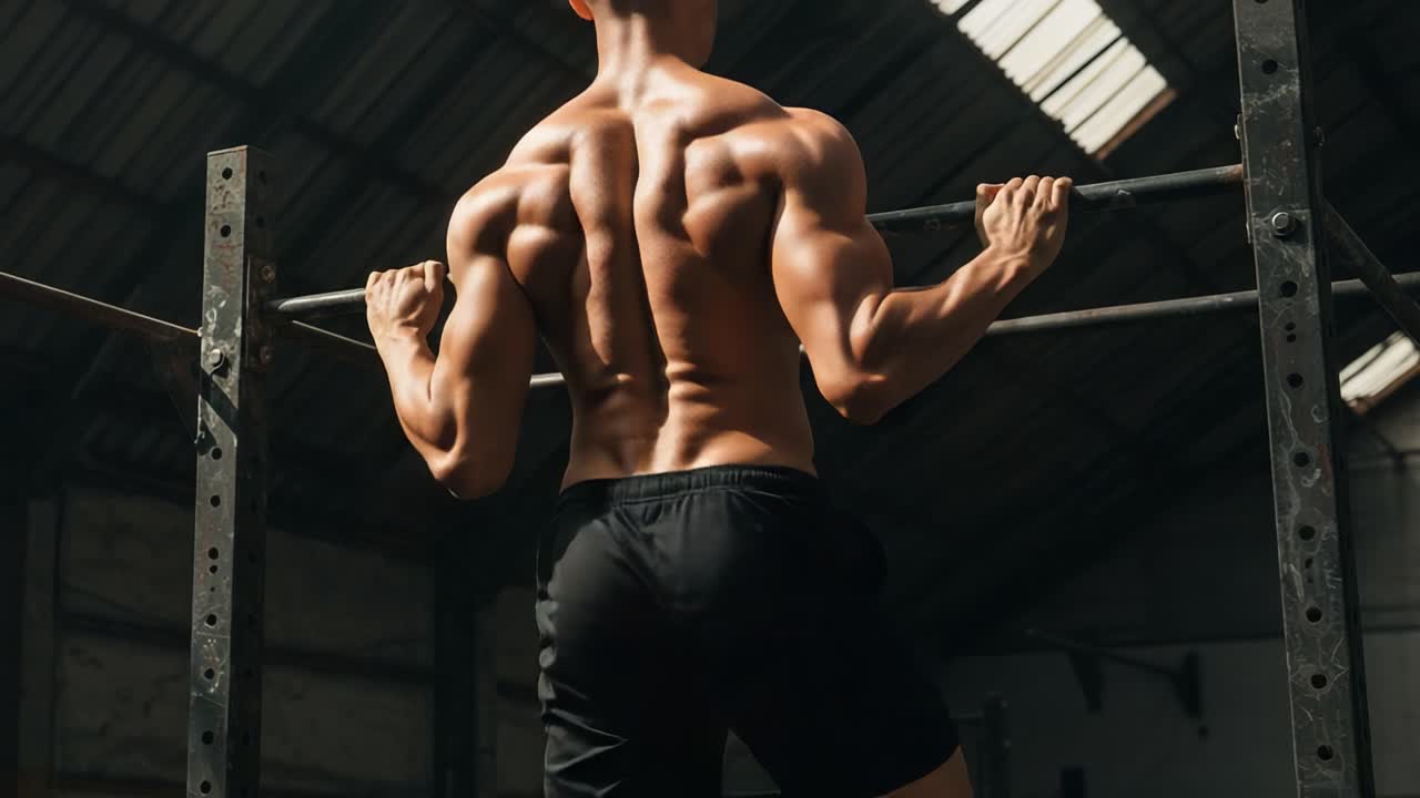 Demonstrating Strength and Determination: An Individual Engaged in an Intense Pull-Up Workout in a Gritty Gym Environment