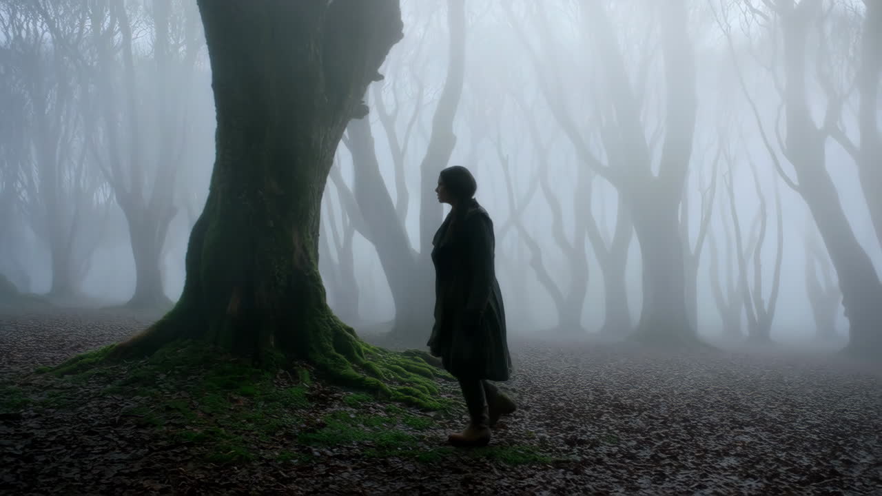 A person walking through a mysterious misty forest