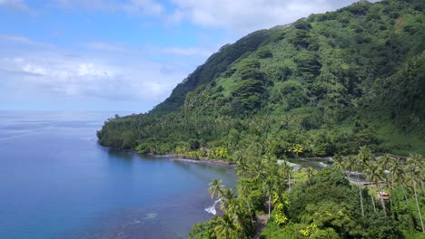 aerial view of tropical beach and lush green mountain