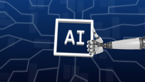 animación de una mano robótica con cerebro con un texto en fondo azul