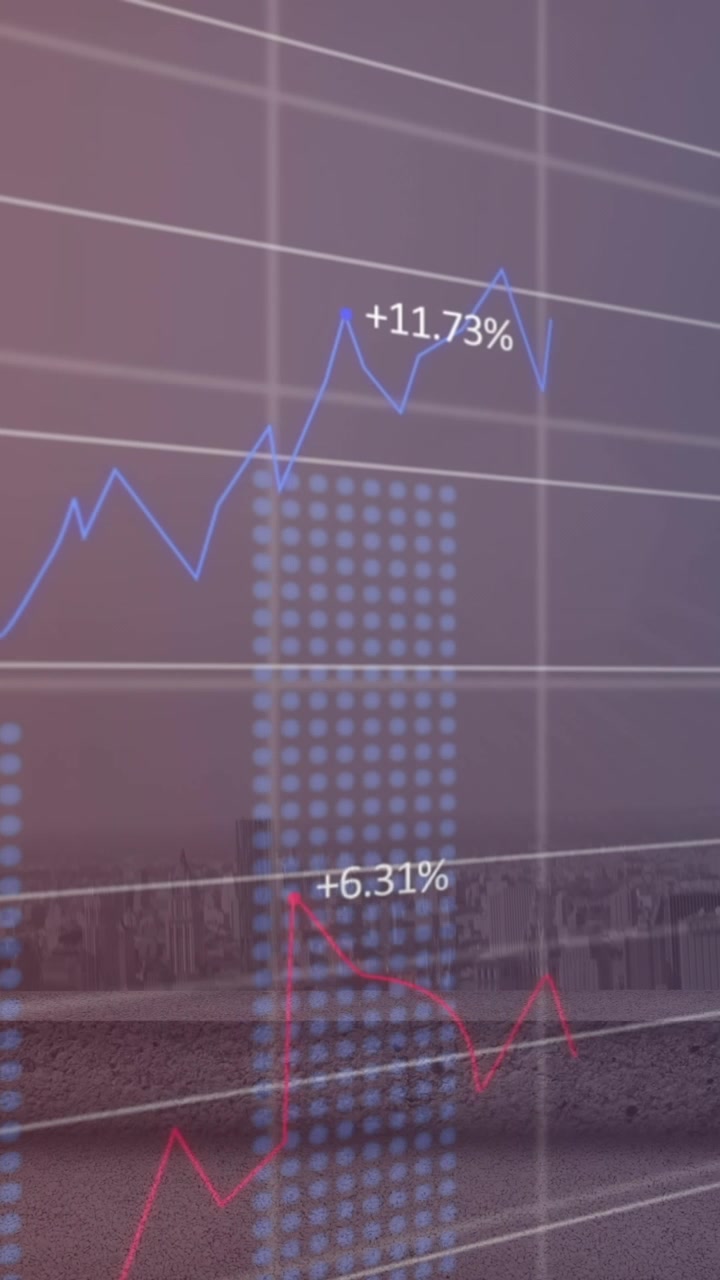 Animation of statistical data processing over grid network against aerial view of cityscape