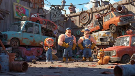 a colorful adventure in a junkyard: a young mechanic and her two helpers celebrate their creative spirit amongst rusty cars and fun experiences