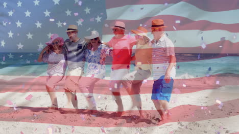 animation of flag of usa over caucasian senior friends on beach in summer