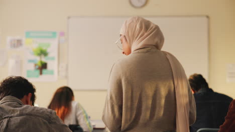 classroom with students and a teacher wearing a hijab