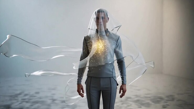 Glowing chest spark sparking model in studio wearing gray suit veil ribbons swirling creating mood