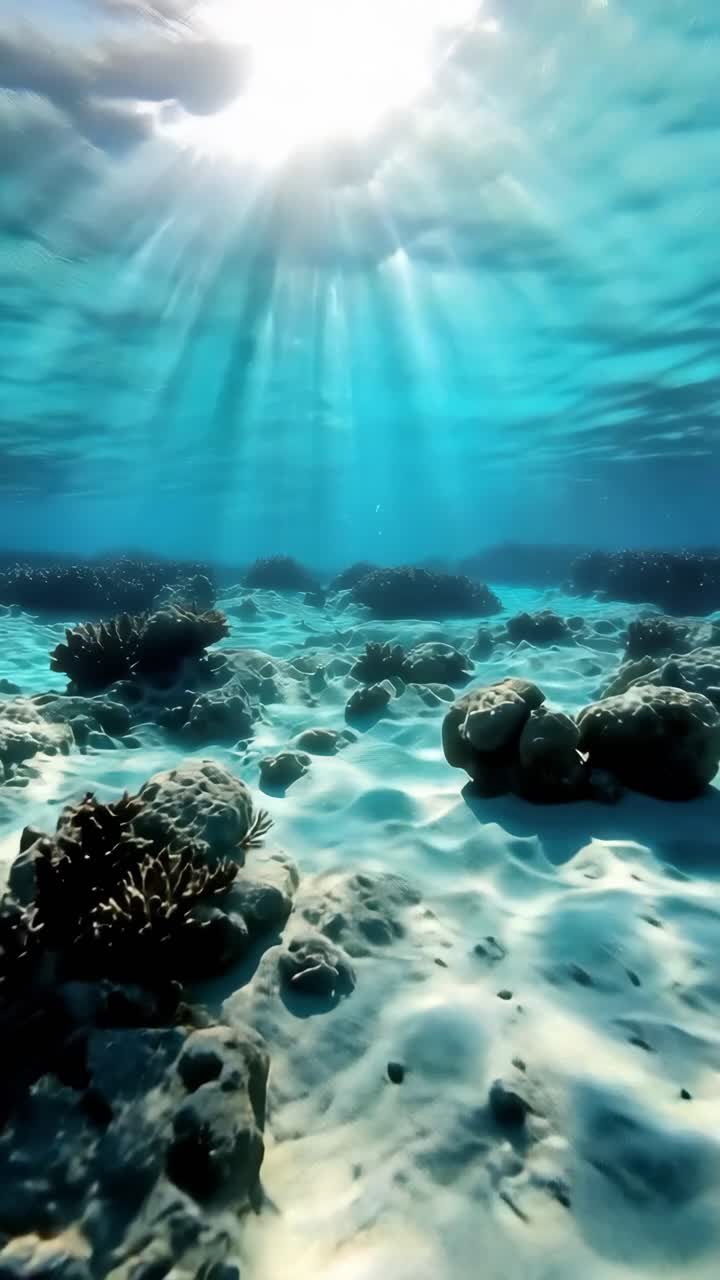 Underwater scene with sunlight rays filtering through, showcasing coral reefs