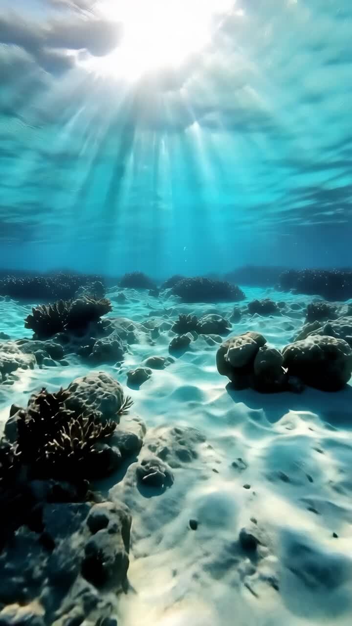 Scena subacquea con raggi di sole che filtrano attraverso l'acqua, che mette in mostra le barriere coralline