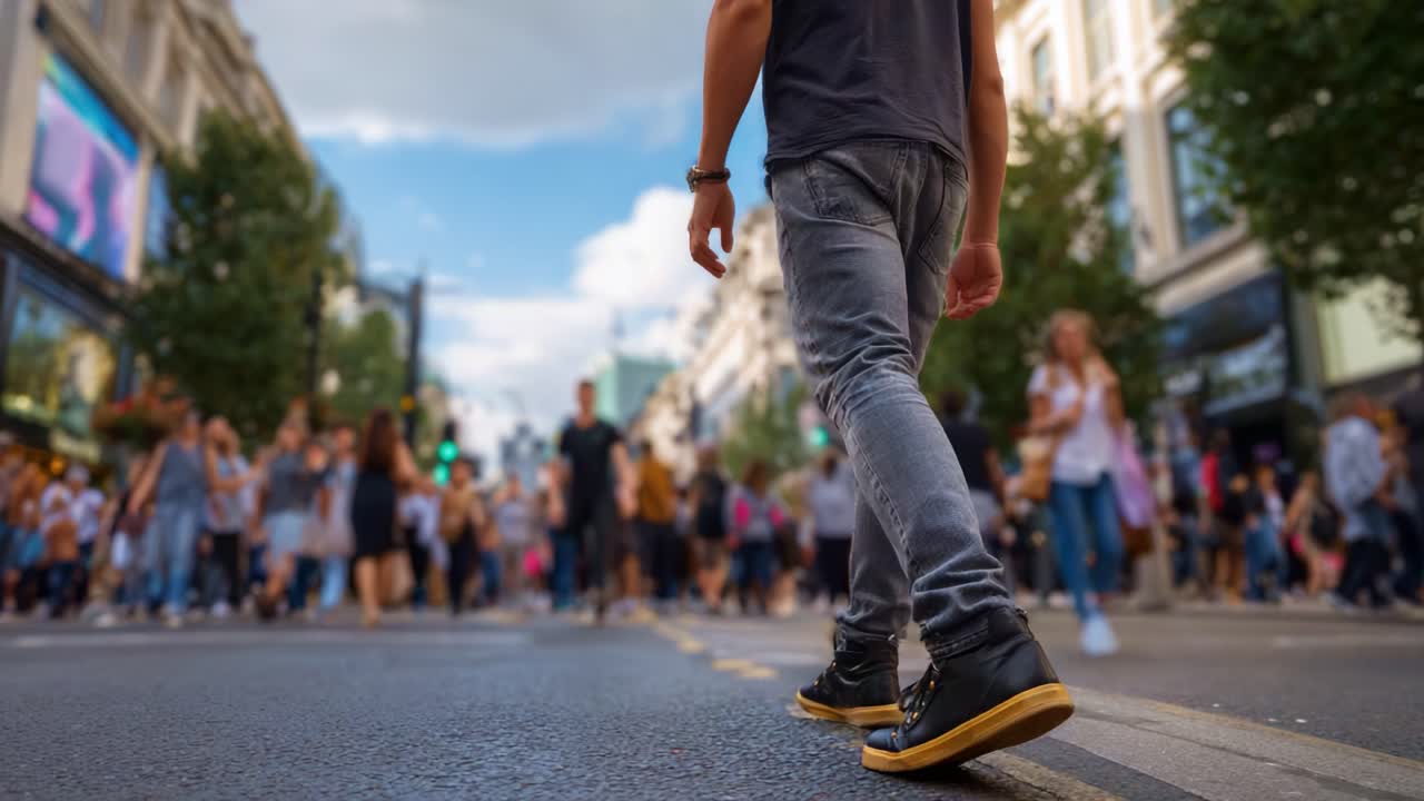 A Person Walking Through a Busy Urban Street Filled with Pedestrians in the Background and Lively City Atmosphere Captured from Ground Level Perspective