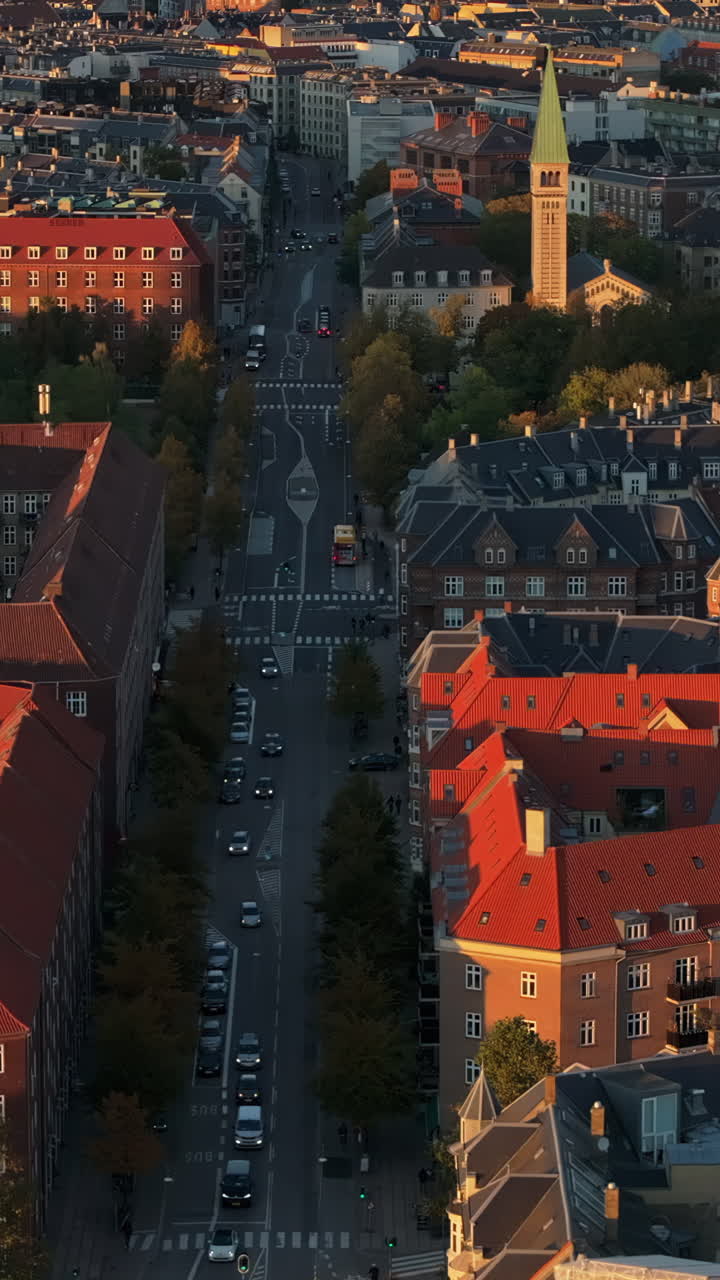 Aerial drone view of Vesterbro district in Copenhagen, Denmark at sunset. Vertical