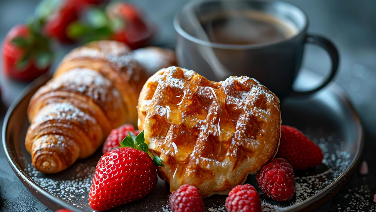 Waffle a forma di cuore con sciroppo, croissant, caffè e frutti di bosco freschi. Waffle a forma di cuore con zucchero a velo e sciroppo, croissant, fragole, lamponi su un piatto con tazza di caffè