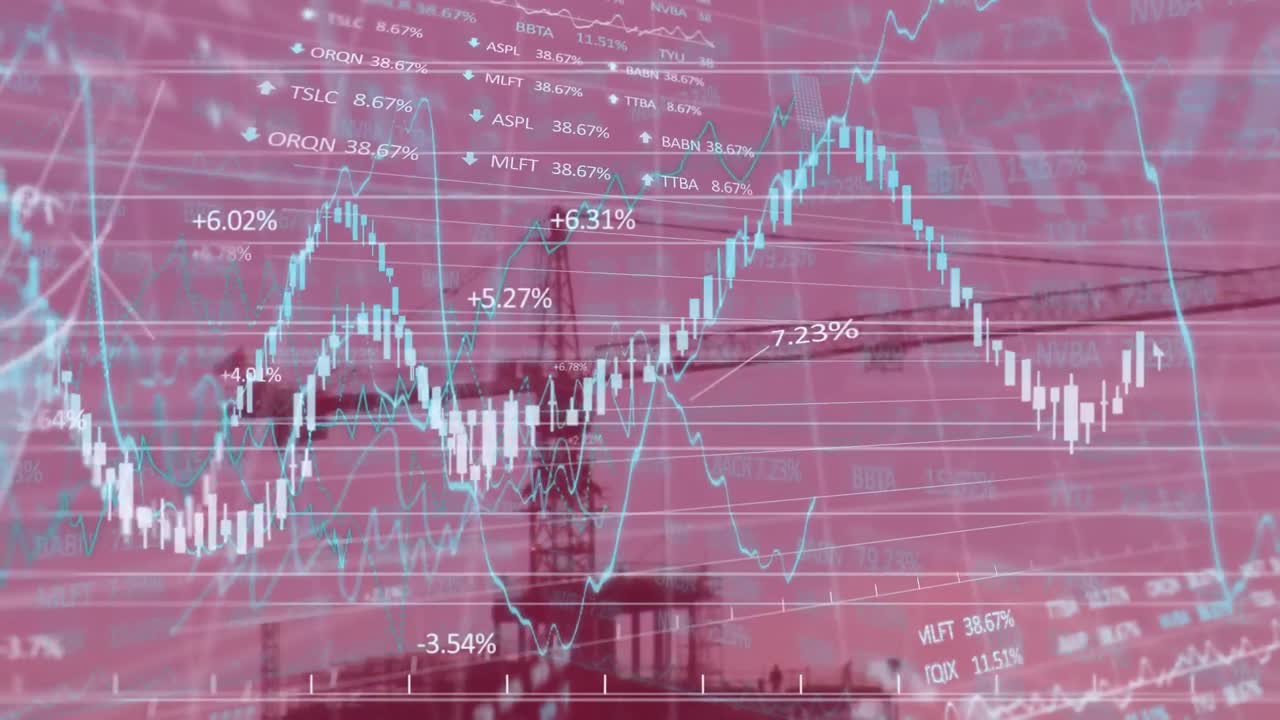 배경 에 주식 시장 디스플레이 위 로 이동 하는 크레인 과 함께 건설 현장 의 애니메이션