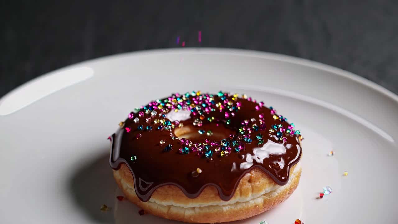 Close-up video of a donut with chocolate glaze and colorful sprinkles on a white plate, shot