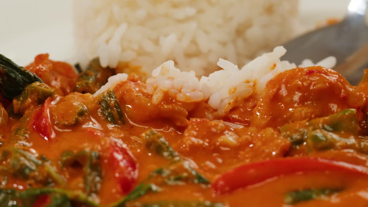 Curry rosso di gamberi al tamarindo, gamberi in salsa di pomodoro e zenzero, cucina asiatica, ristorante cinese.
