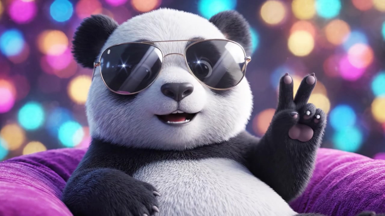 Affascinante panda animato con occhiali da sole posa con disinvoltura su uno sfondo colorato e sfocato, mostrando un'atmosfera giocosa e una personalità divertente in un ambiente accogliente