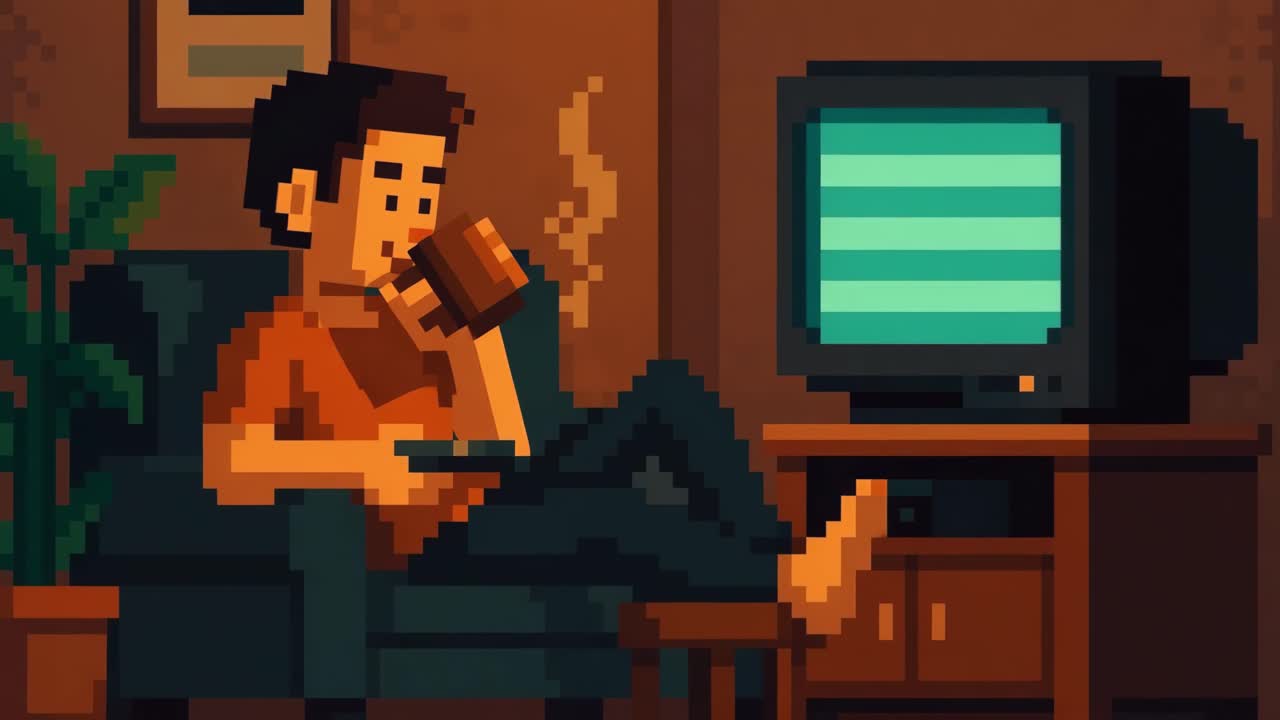 Pixel art scene of a young man relaxing on a couch, sipping coffee while watching television, showcasing a cozy home atmosphere with warm lighting and inviting decor