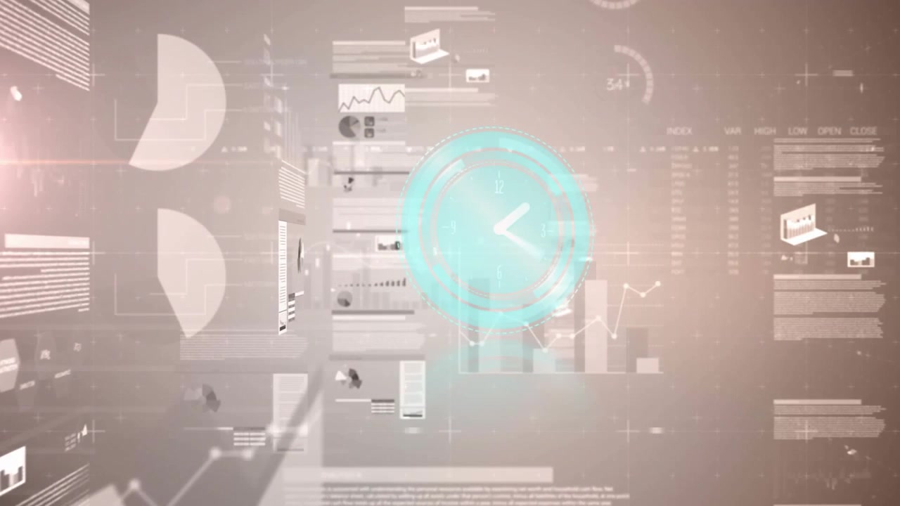 Animation of clock moving fast and statistics and data processing over world map